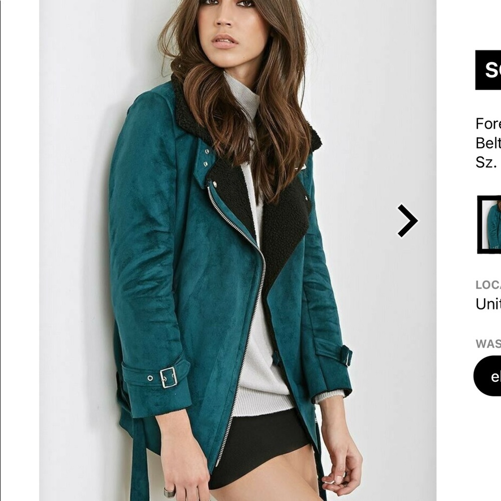Forever 21 TEAL Faux Suede Leather Belted Motorcycle Jacket